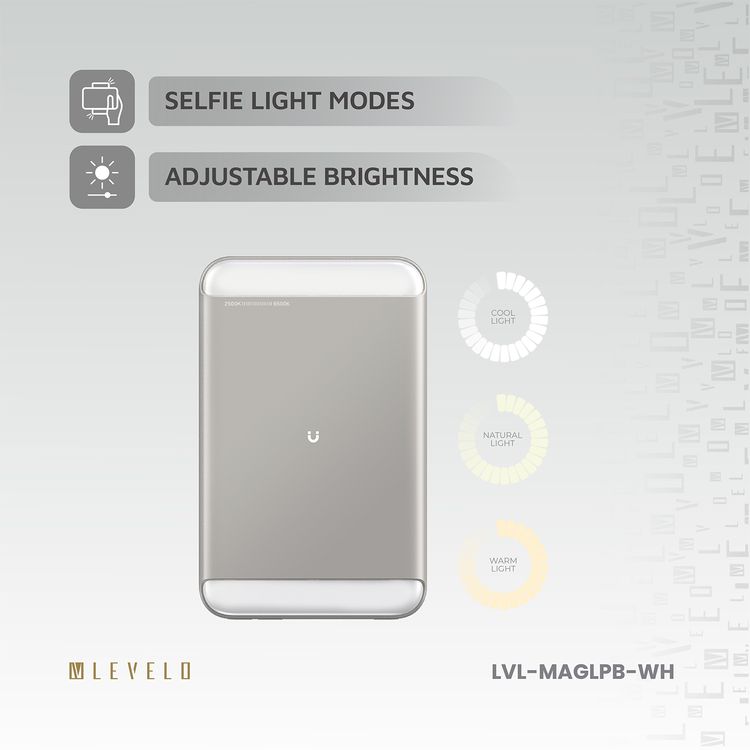 Levelo MagLight Portable Power Bank 8000mAh woth Rear & Selfie Fill Light, 20W Power Delivery, 3 Light Modes, Fast Charging Support, 15W Wireless Charging - Black 
