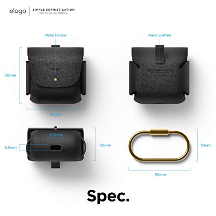 Elago Leather Case with Keychain Compatible with AirPods 3 Case, Natural Cowhide Leather Case with Brass Ring Holder, Supports Wireless Charging - Black
