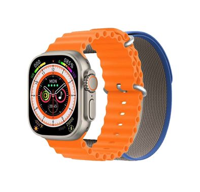 ساعة بوا ألترا تات الذكية مع أحزمة مزدوجة، حجم الساعة 49 مم، تعمل لمدة تصل إلى 5 أيام، شاشة كبيرة بحجم 2.2 إنش، دعم اللغة العربية، شحن لاسلكي - باللون البرتقالي المحيطي والأزرق النهري.