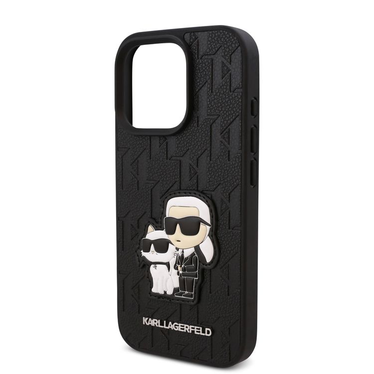 Karl Lagerfeld PU Hard Case for iPhone 16 Pro Max with Monogram Karl & Choupette Patch, Slim Profile, Drop Protection, Lightweight, Comfortable Grip, Easy Snap-on - Black