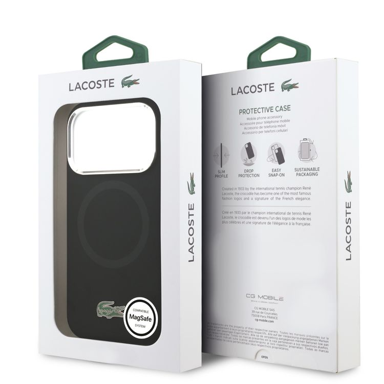 Lacoste MagSafe Silicone Case with Metal Logo for iPhone 17 Pro, Drop Protection, Sustainable Packaging, Slim Profile, Easy Snap-On Design - Black