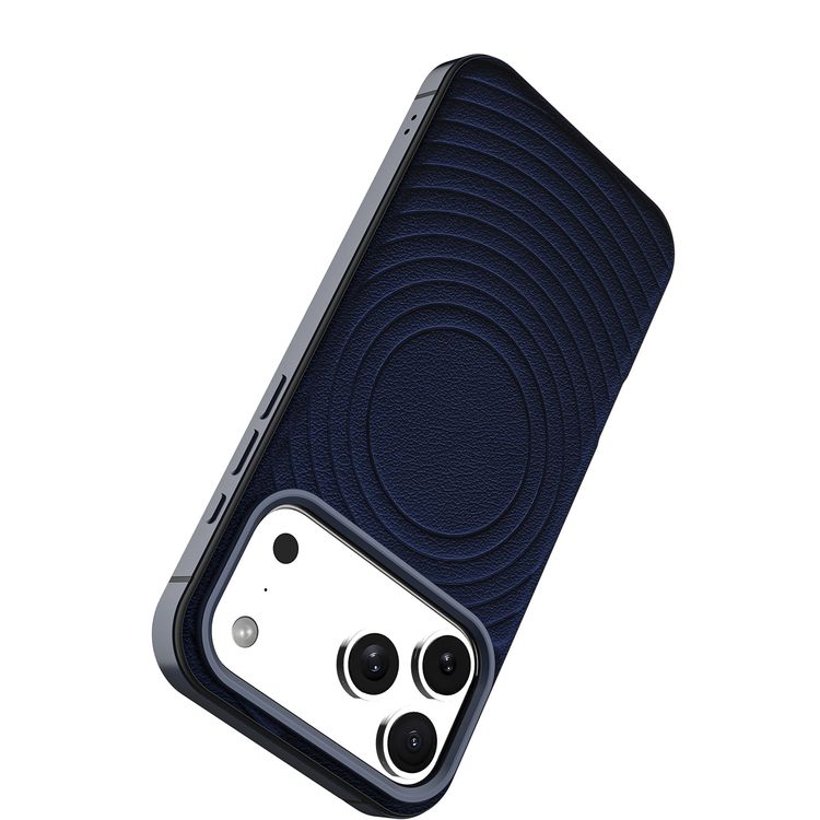 Levelo Spirale PU Leather Hybrid Case for iPhone 17 Pro, MagSafe Compatible & Strong Magnets, Impact-Resistant, Shock-Resistant Bumper, Aluminum Alloy Frame for Camera & Edges, Drop-Tested - Midnight Blue
