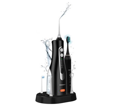 مجموعة فرشاة الأسنان الكهربائية Porodo Ultimate Oral Care Duo مع جهاز خيط الماء، سعة بطارية فرشاة الأسنان الكهربائية 1200 مللي أمبير، وقت شحن فرشاة الأسنان الكهربائية ساعتين، وقت عمل فرشاة الأسنان الكهربائية شهرين، سعة خزان ماء خيط الماء 300 مل، جهاز خيط الماء بضغط عالي - أسود
