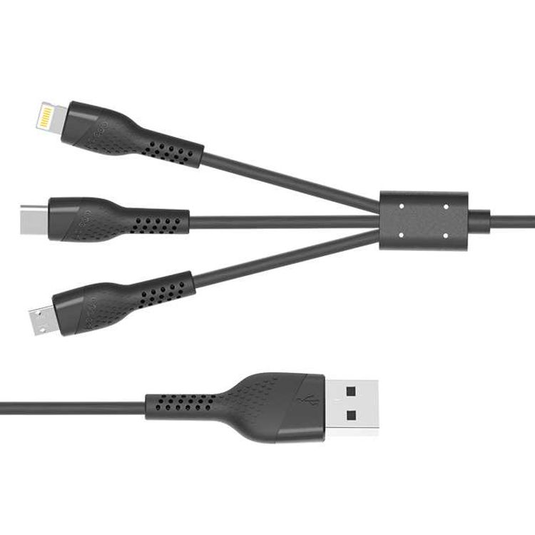 Porodo PVC 3 in 1 Cable 1.4 M, 3 in 1 Multiple USB Charger Cable with Lightning/USB Type C/Micro USB Connector, Compatible for Devices with Lightning/Type C/Micro USB Cable - Black