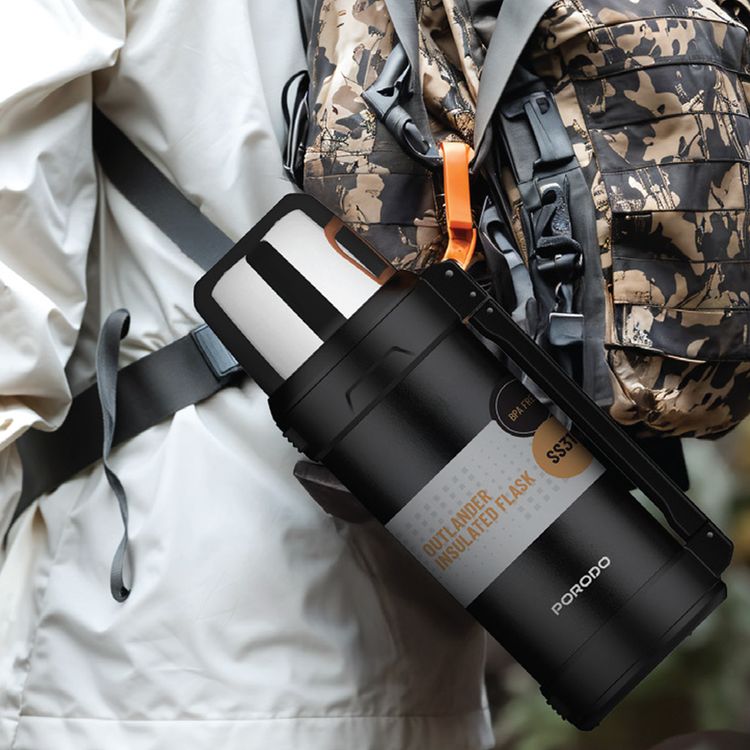 Porodo Lifestyle Outlander Insulation Flask with Triple-Wall Copper Insulated, Leak-Proof Lid, 2L Capacity, Keep Hot & Cold Up to 24 Hours, Food-Grade Stainless Steel - Black