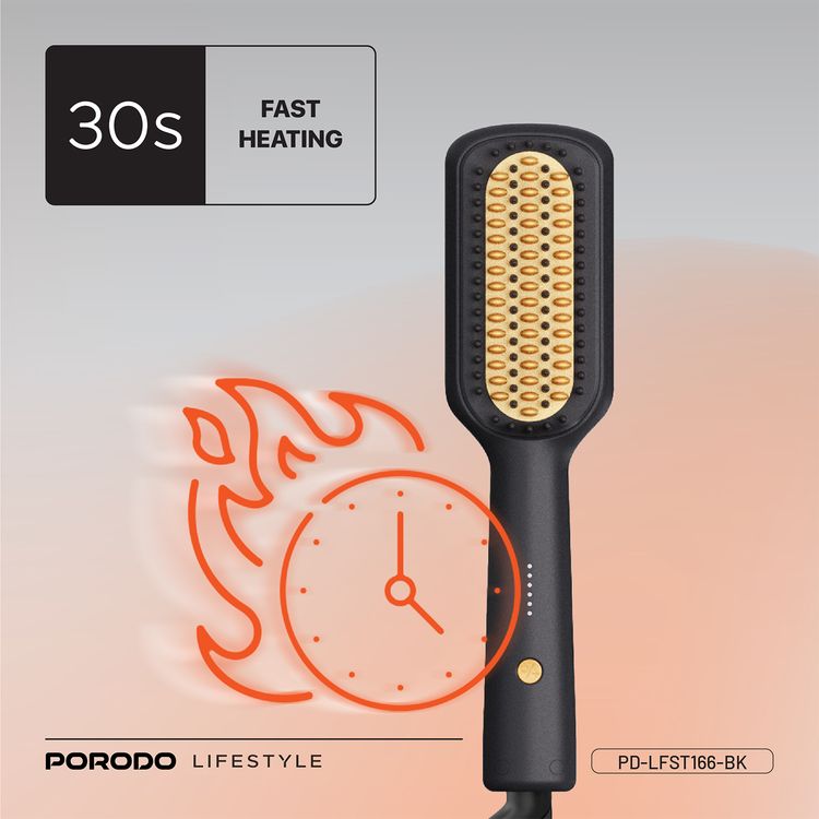 Porodo Lifestyle Electric Heated Hair Straightener Brush with 5 Temperature Settings, 30W Rated Power, 30 Seconds Fast Heating Time, 70% Frizz Reduction, Auto Shut-Off - Black