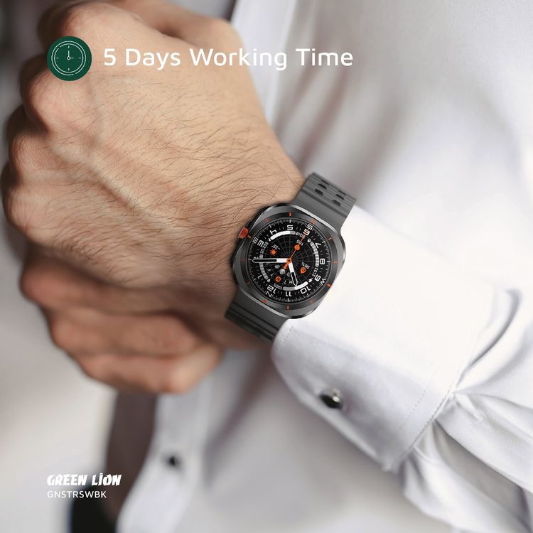 Green Lion Strive Smart Watch with 1.52" IPS Display, Bluetooth Version 5.3, IP65 Waterproof, 5 Days Working Time, Health Monitoring, Sport Modes, 150mAh Battery Capacity, Wireless Charging Type, 2-3 Hours Charging Time, LED Torch, Remote Capture - Black