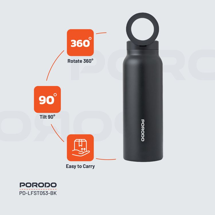 Porodo Magnetic Mount Water Bottle with Strong Magnetic Hold, Stainless Steel Material, Double-Wall Insulation, Versatile and Portable, Strong Magnetic Hold, Works with MagSafe, Wide Round Mouth - Black 