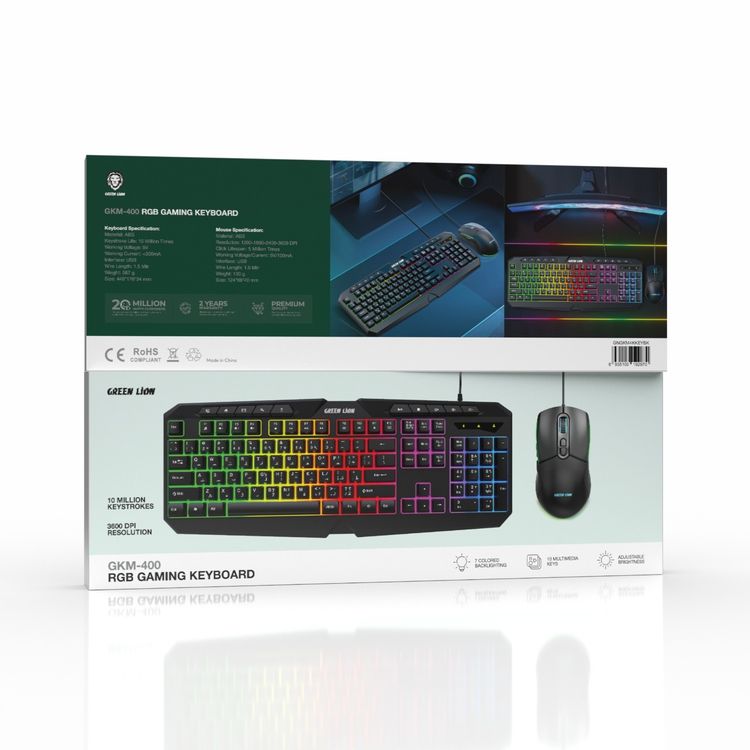 Green Lion GK-400 RGB Gaming Keyboard and Mouse, Adjustable Brightness, 7 Color Backlighting, Black
