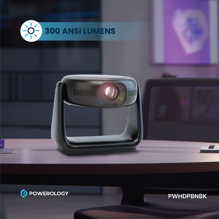 Powerology Rotating Stand Portable Projector, Auto Keystone & Focus, Built-in Lamp, Android 11.0, Bluetooth 5.0, Airplay & Miracast, 5200mAh Battery Capacity, 1GB DDR3 RAM - Black