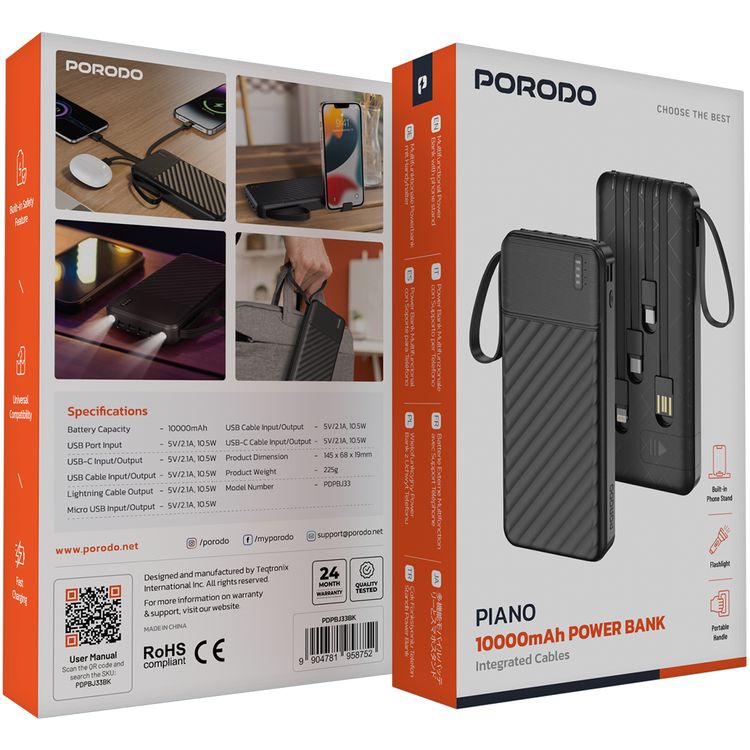 Porodo Piano 10000mAh Power Bank with Flashlight, Portable Handle, Phone Stand, 4 Integrated Cables, USB-A & USB-C & Micro Ports, Fast Charge Support, Universal Compatibility - Black