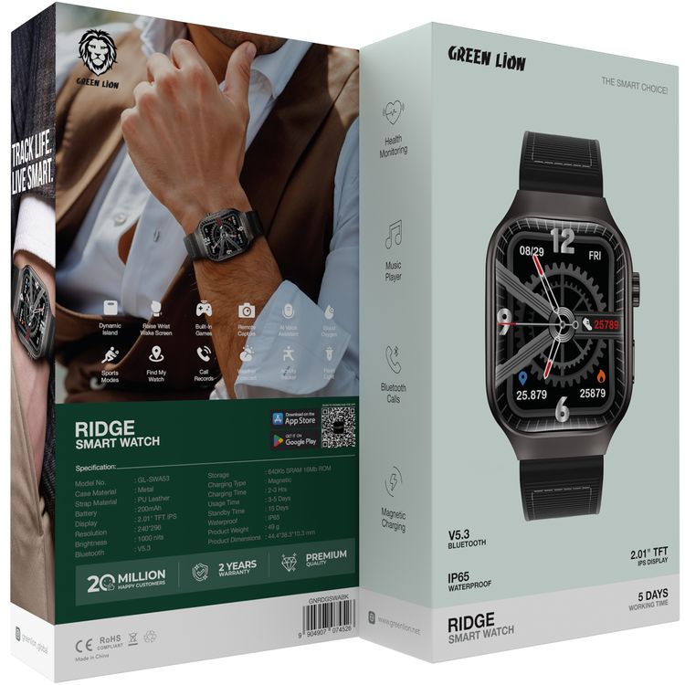 Green Lion Ridge Smart Watch with Magnetic Charging, Bluetooth Calls, Music Player, Health Monitoring, Metal Case Material, PU Leather Strap Material - Black / Black