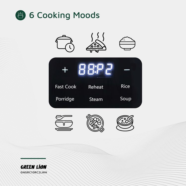طباخة الأرز الرقمية جرين ليون GRC-10، سهلة التنظيف، تحكم باللمس، وضع الحفاظ على الدفء، فتحة تهوية، سعة 2 لتر، 6 أوضاع للطهي - أبيض