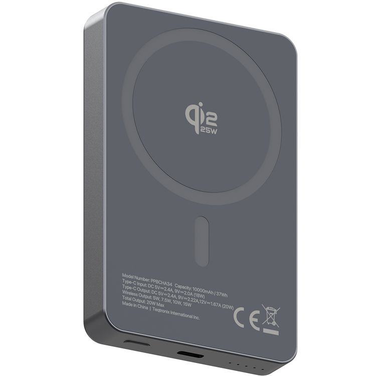 Powerology 10000mAh Blanc 25 MagSafe Power Bank with Compact Design, Simultaneous Charging, USB-C Charging Port , 30cm USB-C Cable, Wireless Charging Pad - Gray