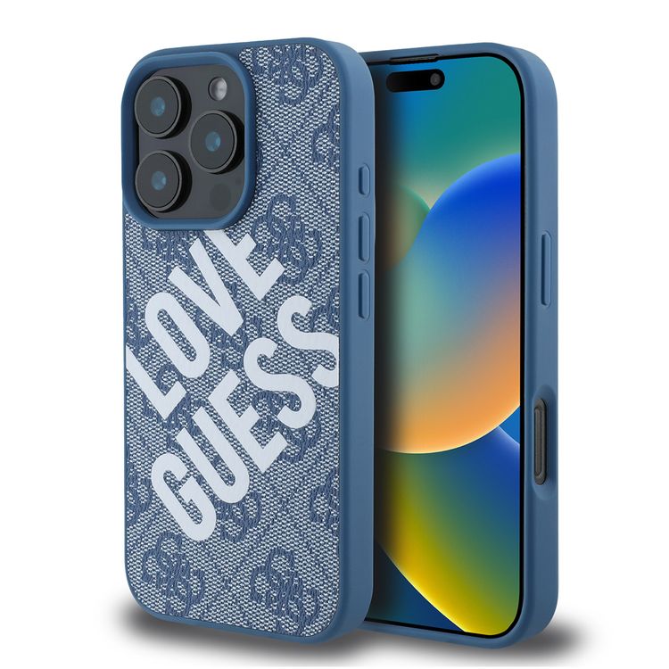 Guess PU 4G Hard Case with Big Love Guess Logo For iPhone 16 Pro, High Quality Material, Lightweight, Easy Snap-on - Blue 