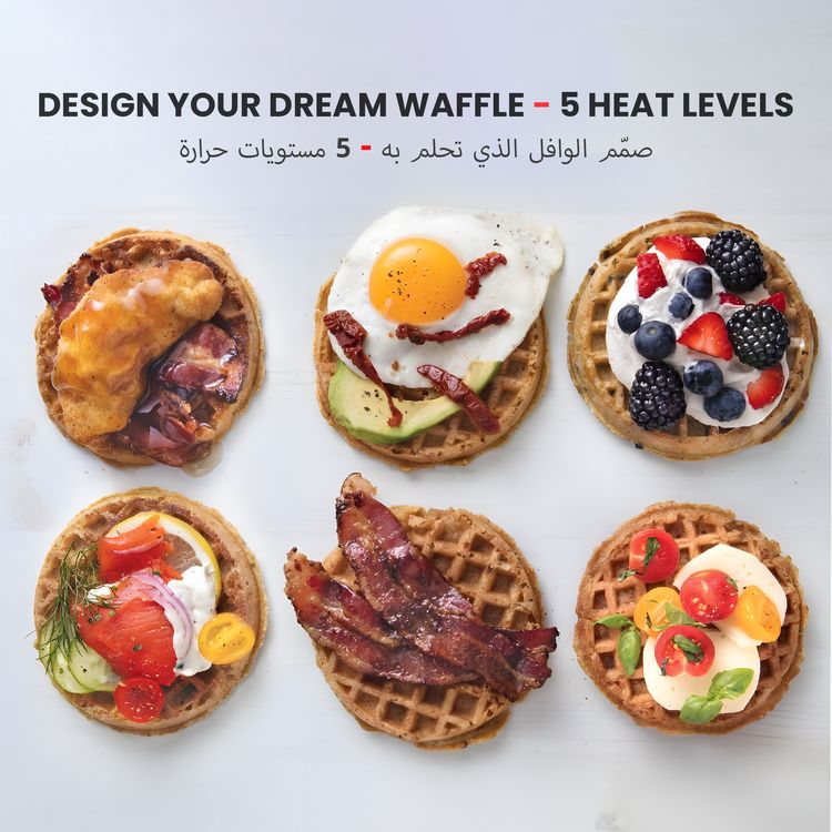 Porodo Vertical Waffle Maker with 5 Heat Levels, 210mL Capacity, 800W Power, Up to 5:30 Minutes Waffle Making Time, Non-Stick Plate, Batter Tray - Black