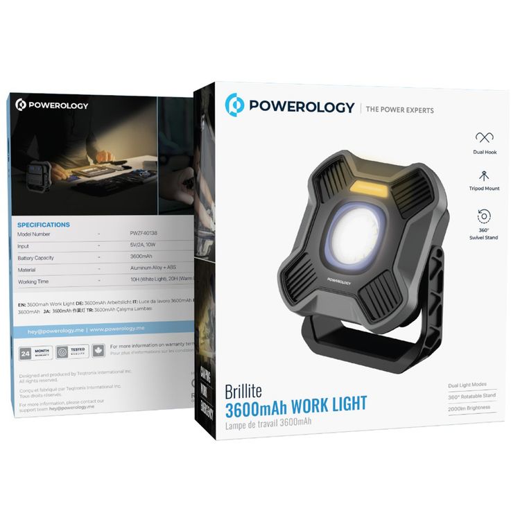 Powerology Brillite 3600mAh Work Light with 360° Rotatable Stand, 3600mAh Battery, Aluminum Alloy & ABS Material, 2000 Lumens Brightness, Dual Hooks & Tripod Mount, Dual Light Modes, USB-C Charging Port, Up to 20 Hours Working Time - Black