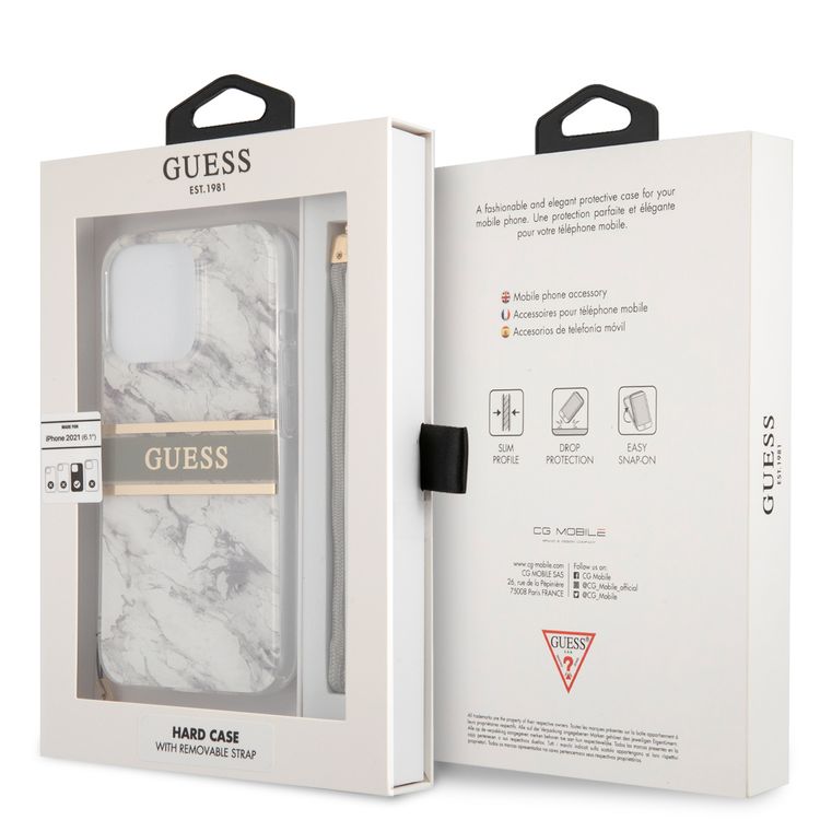 CG MOBILE Guess PC/TPU Case Marble Design & Stripe with Anti-Lost Nylon Strap for iPhone 13 Pro (6.1") Back Cover Suitable with Wireless Chargers Officially Licensed Gray