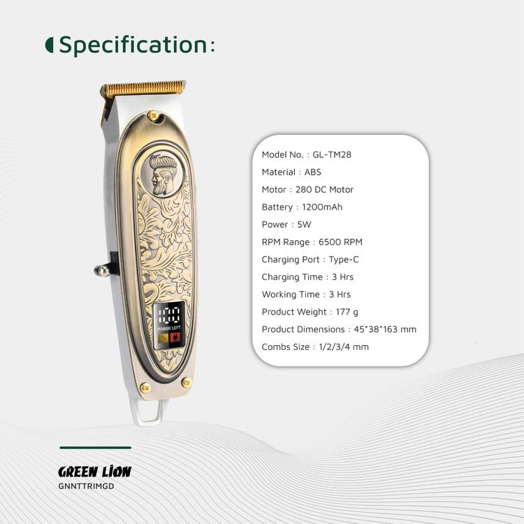Green Lion Gentleman Hair Trimmer with 6500RPM Motor Speed, 1200mAh Battery Capacity, LED Display, 3 Hours Working Time, Blade Oil Reminder - Gold