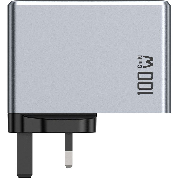 Green Lion GaN UK Plug Wall Charger with 100W Power Delivery, 0%-50% Charge in 30 Minutes, PC Flame Retardant Material, Multiple Protection, USB-C & USB-A Ports - Gray