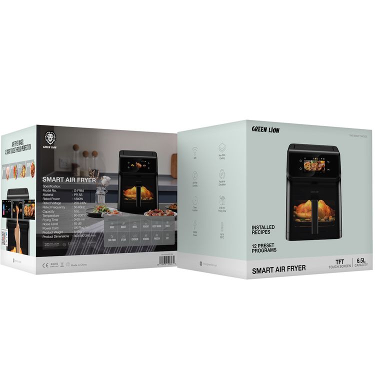 Green Lion Smart Air Fryer with 6.5L Capacity, Timer Function, TFT Touch Screen, Wi-Fi Connectivity, Installed Recipes, Rapid Air Circulation, Non-Stick Coating, Oil-Free Cooking