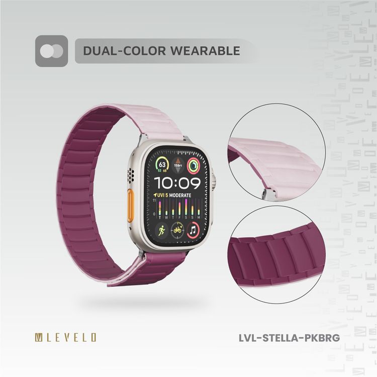 Levelo Stella Silicone Watch Strap with Magnets, Compatible with 49/46mm Smartwatches & Apple Watch SE, Series 9, 8, 7, 6, 5, Dual-Color Wearable, Hypoallergenic Material, Easy Snap-On, Sweat-Resistant, Water-Resistant - Pink / Burgundy