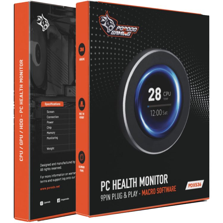 Porodo Gaming PC Health Monitor with USB 9-Pin Plug & Play, Built-in 128MB Memory, 2.1" IPS Screen, 1.9W Power, 3M Adhesive, Aluminum Frame, Macro Software - Black