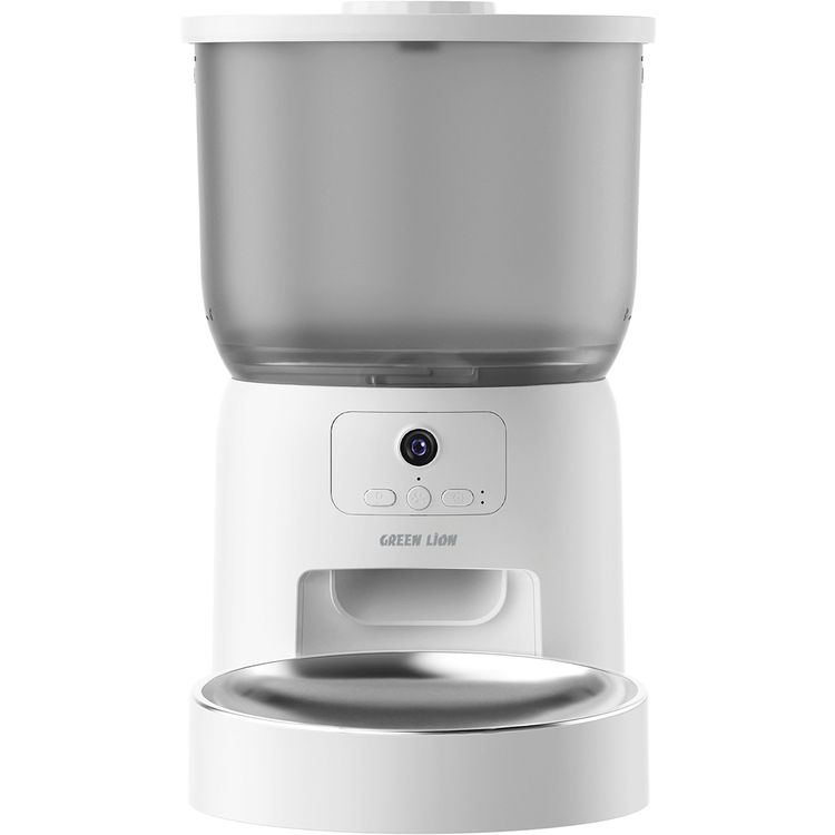 Green Lion Smart Pet Feeder with Stainless Steel Bowl, 3L Large Food Tank, Smart Food Scheduling, Flexible Portion Control, HD Camera Monitoring, Personalized Voice Call, Remote Feeding, Pet-Safe Key Lock, Video Recording, Dual Power Supply, Real-Time Alerts, Feeding History, Wi-Fi Control - White
