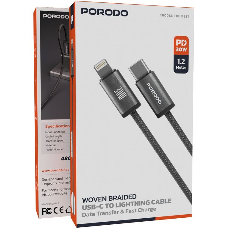 Porodo كابل مضفر من نوع USB-C إلى Lightning بطول 1.2 متر، شحن سريع ونقل بيانات، تصميم خالي من التشابك، مكونات عالية الجودة - أسود