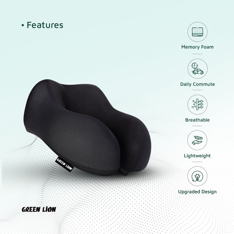 Green Lion Memory Foam Neck Pillow with Polyester Material, Upgraded Design, Lightweight, Breathable, Suitable for Daily Commute - Black