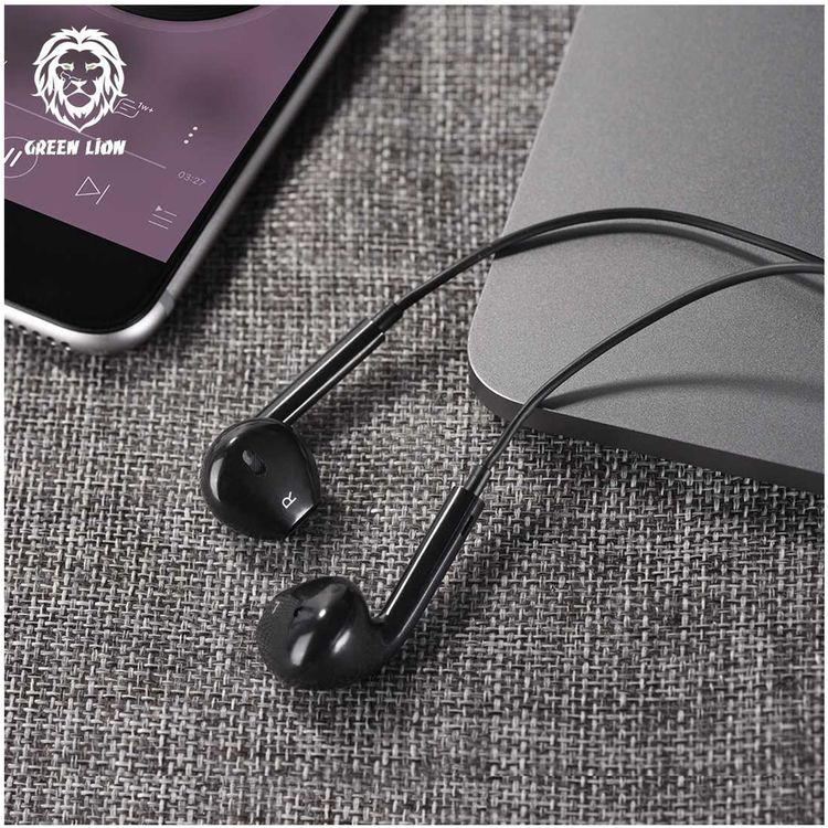 Green Lion Stereo Earphones with Built-in Microphone, 14mm Speaker, 1.2m Cable Length, 3.5mm Audio Jack, Control Buttons - Black