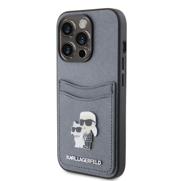 Karl Lagerfeld Saffiano Case with Cardslots and Karl Legerfeld Choupette Heads Metal Pin - Grey - iPhone 15 Pro Max