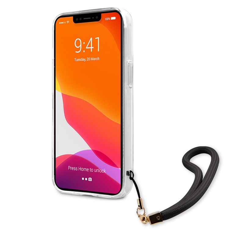 CG MOBILE Guess PC/TPU Case Camo Design & Stripe with Anti-Lost Nylon Strap for iPhone 13 (6.1") Back Cover Suitable with Wireless Chargers Officially Licensed Black