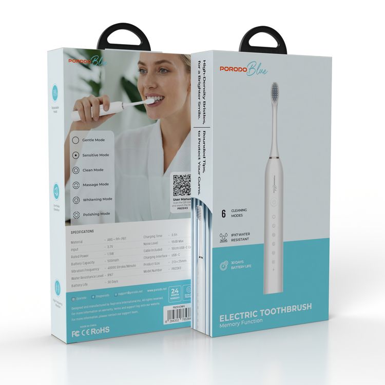 Porodo Blue Electric Toothbrush with Memory Function, 6 Cleaning Modes, 30 Days Battery Life, 500mAh Battery Capacity, 40000 Stroke/Minute Vibration Frequency, Replaceable Heads, Low-Noise Operation - White
