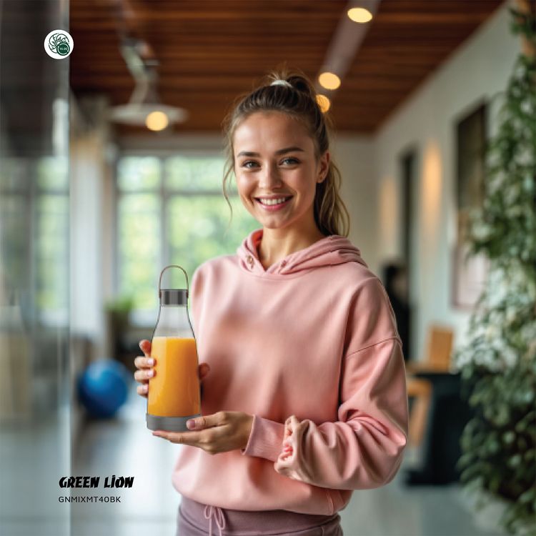 Green Lion Mix Mate Portable Juicer with 300mL Capacity, 1500mAh Battery Capacity, BPA Free PET Jar Material, Stainless Steel Blade Material, Type-C Charging Port, 3-4 Hours Charging Time - Black