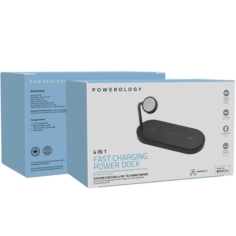 Powerology Portable 4-in-1 Fast Charging Power Dock with 49W Total Output, 60W UK 3-Pin Adapter Included, PowerDash 3.0, Apple Watch Series 1-5 Compatibility - Black