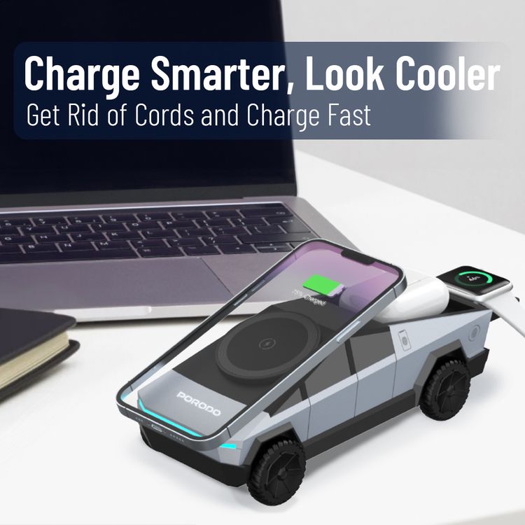 Porodo Cyber Dock 3-in-1 Wireless Charger with 15W Wireless Charging, 5W Earbuds Output, 2.5W Watch Output, 3-6mm Charging Distance, USB-C Charging Interface, 90°Motorized Rotation Stand - Gray