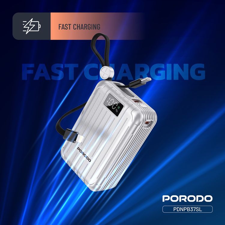 Porodo Petite 20000mAh Power Bank with Integrated Type-C & Lightning Cable, PD 20W, USB-A & USB-C Ports, Fast Charge Support, Digital Display, Universal Compatibility - Silver