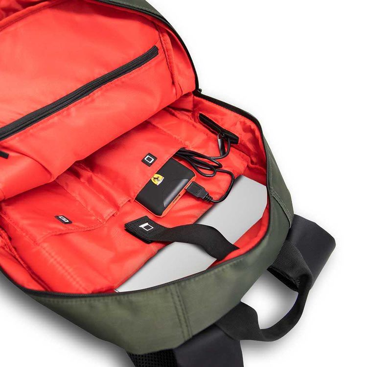 Ferrari Nylon 15" Backpack with Metal Logo Off Track, Charging Port, Adjustable Shoulder Strap, Multiple Pockets, Water Resistant - Kaki