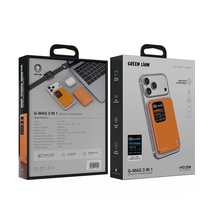 Green Lion G-Mag 3-in-1 Power Bank with 5000mAh Capacity, MagSafe Compatibility, PD 20W Fast Charge, Aluminum Alloy Shell, USB-C Input & Output Port, Ultra-Slim Design, Built-in Safeguards, Real-Time Power Display, Durable Aluminum Alloy + ABS + PC Material - Orange