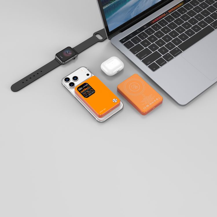 Green Lion G-Mag 3-in-1 Power Bank with 10000mAh Capacity, MagSafe Compatibility, PD 20W Fast Charge, Aluminum Alloy Shell, USB-C Input & Output Port, Ultra-Slim Design, Built-in Safeguards, Real-Time Power Display, Durable Aluminum Alloy + ABS + PC Material - Orange