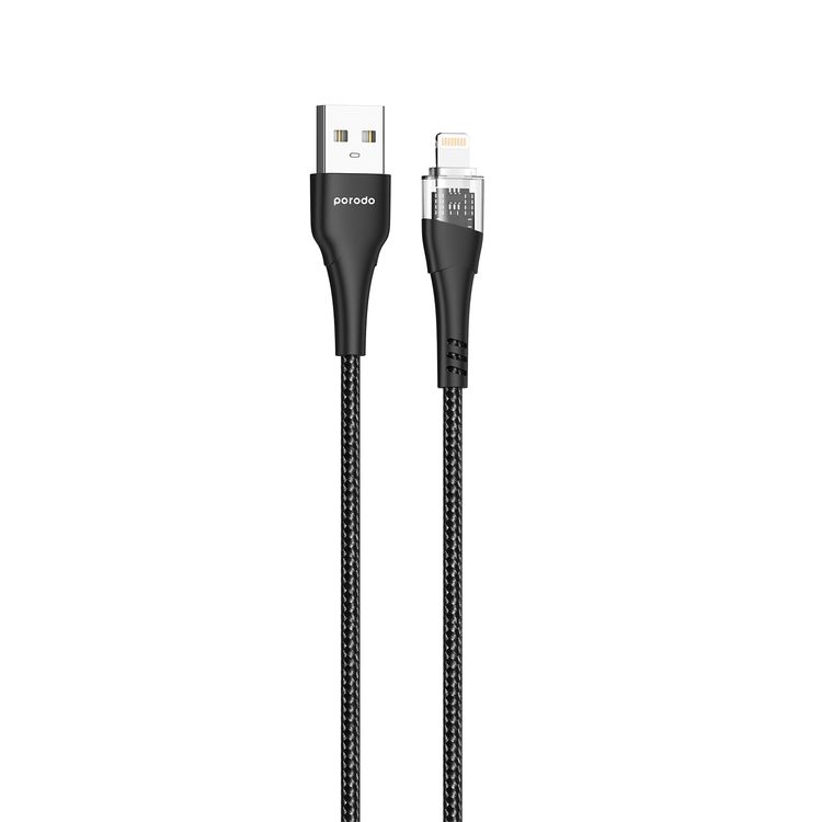 Porodo Dual Output Transparent Charger with 1.2m USB-A to Lightning Cable, 2.4A Auto-ID Technology, 12W Total Output, UK 3-Pin Plug, Simultaneous Charging, Universal Compatibility, Dual USB-A Outputs - Black