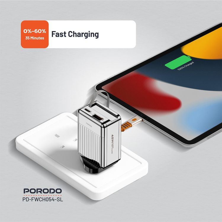 Porodo Super Quick GaN Charger with 75cm Retractable Type-C Cable, 42W Power Delivery, Simultaneous Charging, 22.5W USB-A Output, Built-in Safeguards - Silver