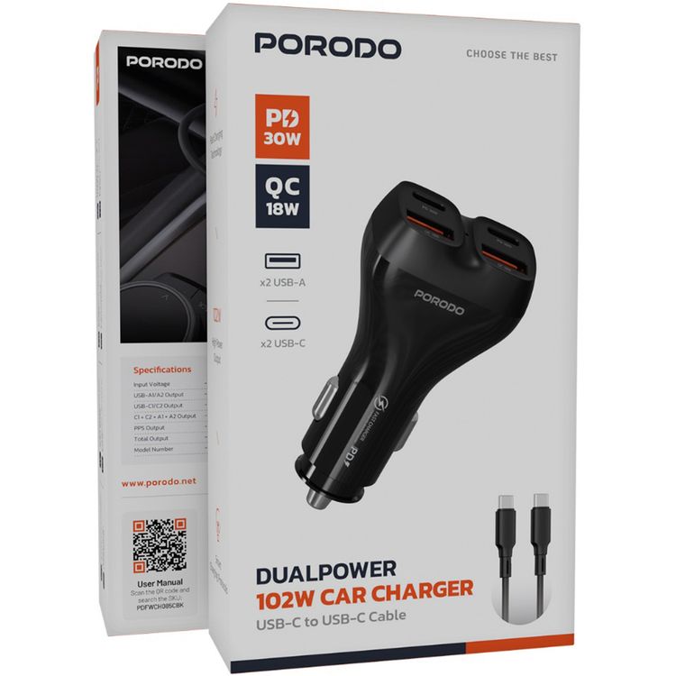 Porodo Dual Power Car Charger with USB-C to USB-C Cable, PD 30W, QC 18W, ×2 USB-A & ×2 USB-C Ports, 102W High Power Output, Fast Charging Technology, Smart Charging Protocols, Compact Design - Black