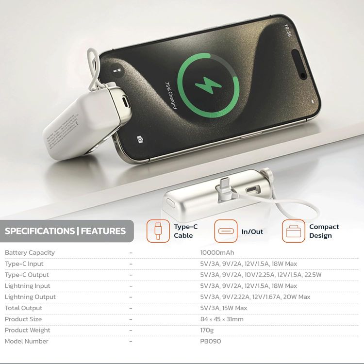 Porodo Pocket Volt 10000mAh Power Bank with Built-in Type-C Connector, 22.5W Power Delivery, 20W Max Lightning Output, Fast Charging Support, Compact Design, 15W Total Output - Black