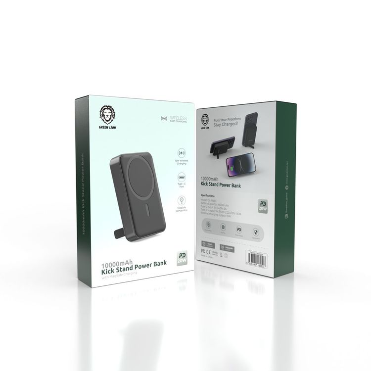 Green Lion 10000mAh Kick Stand Power Bank With MagSafe Charging, Type-C Port, Explosion-Proof, Portable, PD 20W - Black