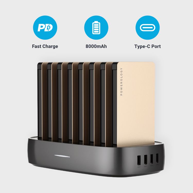 Powerology 8-in-1 Power Bank Station 8000mAh With Built-in Cable, Portable Power Bank and 1 Rapid Recharging Station Compatible iPhone Devices,  Type C Charging Ports - Gold