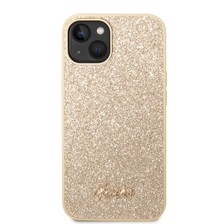 Guess PC/TPU Glitter Flakes Case with Script Metal Logo iPhone 14 Compatibility - Gold