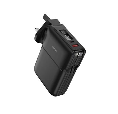 Green Lion Travel Power Bank 10000mAh, Adaptor, Holder, Lightning,  20W PD, USB Type C, USB Type A, Lightning and Type-C Integrated Cables, US, EU, UK Plug, Digital Display - Black