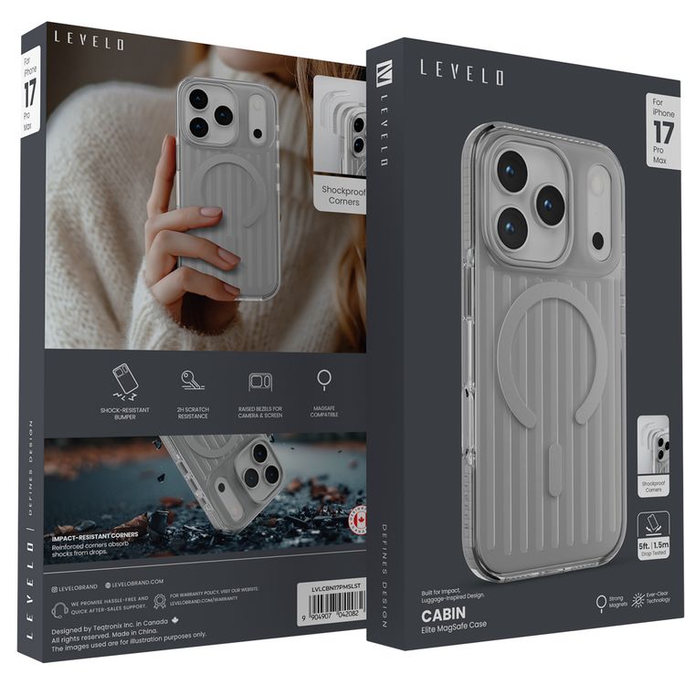 واقي Levelo Cabin Elite MagSafe لجهاز iPhone 17 Pro Max، زوايا مقاومة للصدمات، حواف مرتفعة لحماية الكاميرا والشاشة، مقاوم للخدوش بمعيار 2H، مغناطيسات قوية، تكنولوجيا Ever-Clear، ممتص للصدمات، مجرب في مقاومة السقوط - سيلفرستون.